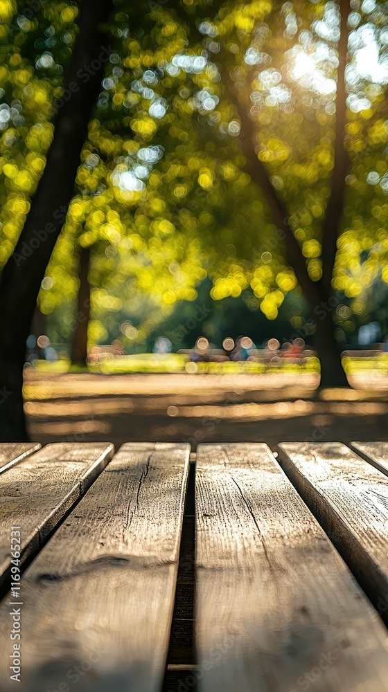 Sunlit Wooden Table in Tranquil Park Setting with Blurred Background Sunlit Wooden Table in Tranquil Park Setting with Blurred Background