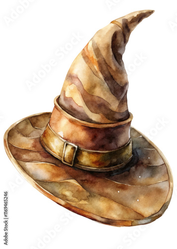 Watercolor wizard hat, magical design, vintage style, fantasy theme, artistic illustration, creative artwork.