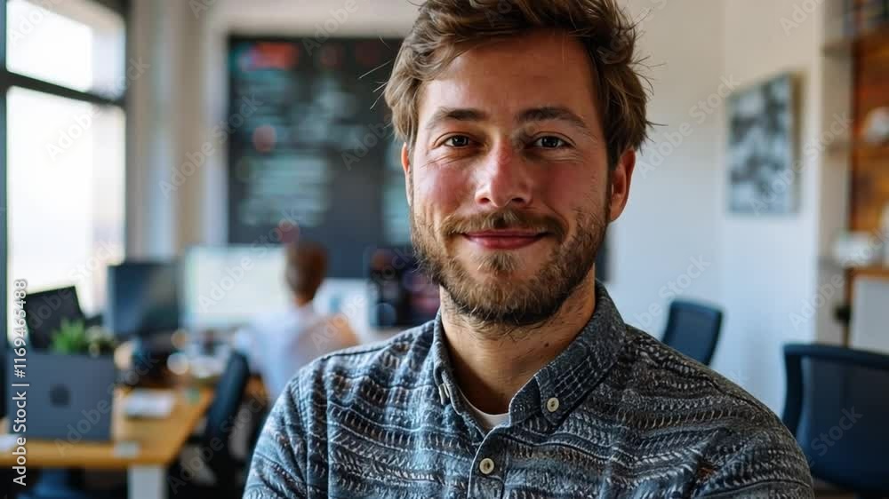 A man with a beard smiles warmly while standing with crossed arms in a contemporary office. In the background, a colleague is focused on their computer. A man with a beard smiles warmly while standing with crossed arms in a contemporary office. In the background, a colleague is focused on their computer.