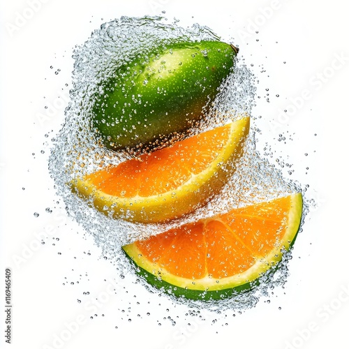 Juicy orange slices splashing in water creating vibrant droplets