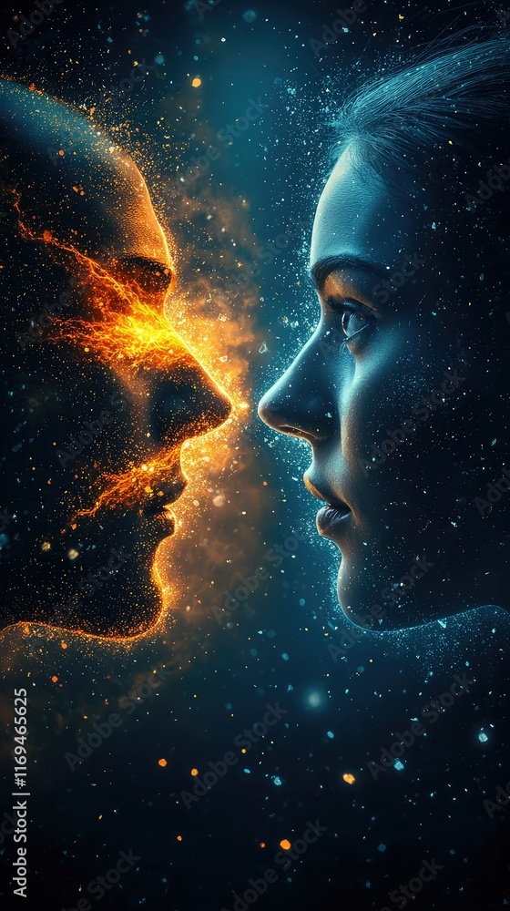 Cosmic Connection Between Two Faces with Energetic Glow and Sparks Cosmic Connection Between Two Faces with Energetic Glow and Sparks