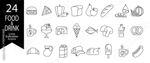 Set of 24 editable food and drink line icons. Vector illustration in thin line style of food related icons: vegetables, fruits, desserts, meat, fish, bakery products, drinks and more. Isolated on whit