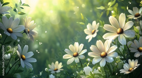 Bright daisies bloom in a serene meadow under a warm sun during springtime