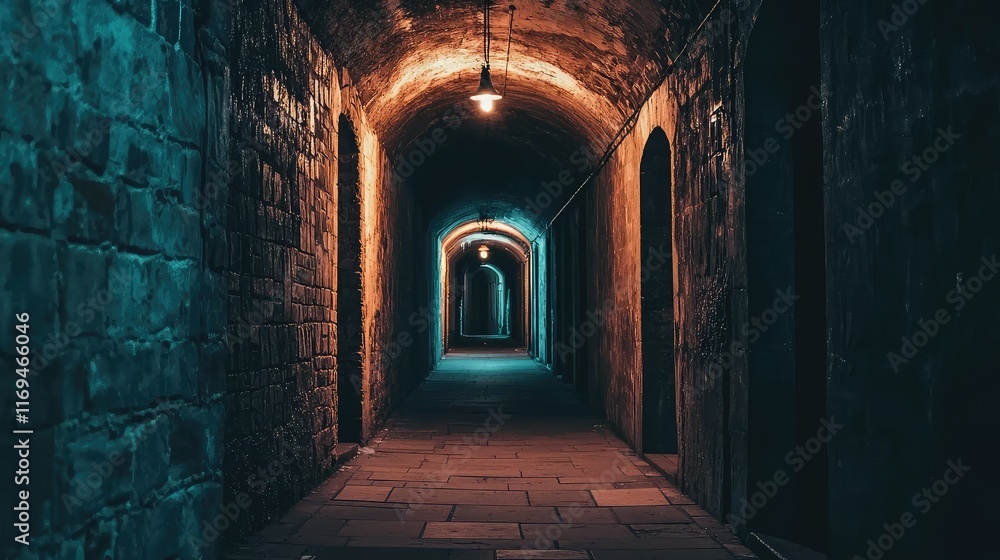 Fototapeta premium Mysterious Dark Corridor with Atmospheric Lighting and Stone Walls