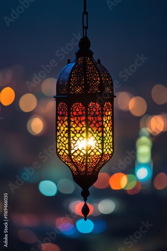 Decorative lantern hanging with vibrant city lights in the background during ...