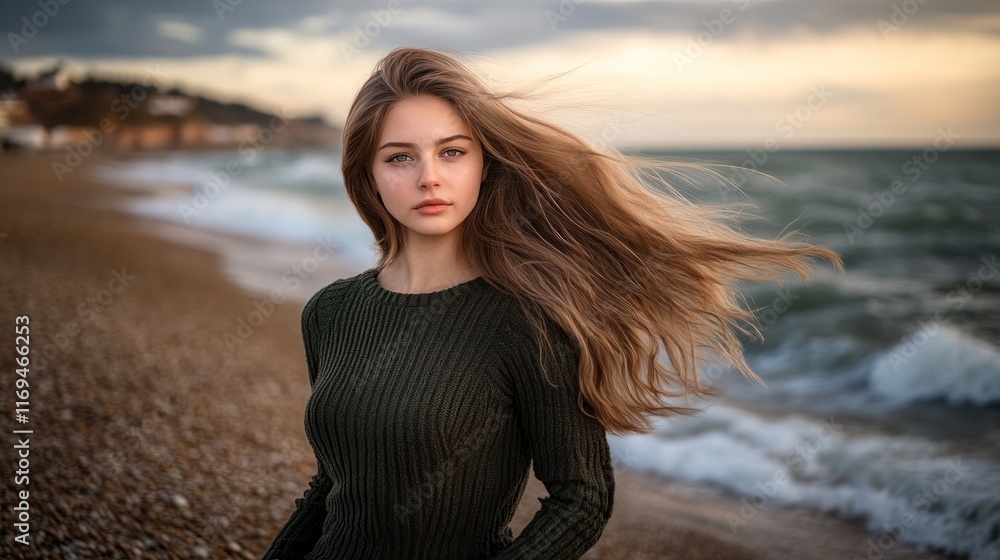 Serene Beauty by the Sea: A Young Woman's Portrait Serene Beauty by the Sea: A Young Woman's Portrait