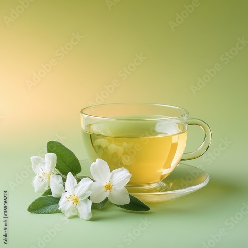 Delicate cup of herbal tea with jasmine flowers on a soft green background