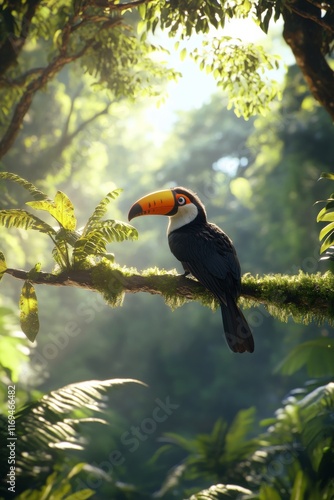 Colorful toucan perched on a branch in lush rainforest during daylight