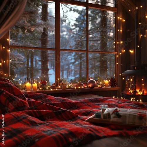 Cozy cabin interior with fireplace and festive decorations during winter evening