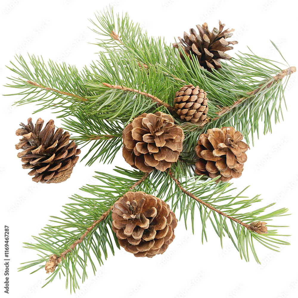 Fototapeta premium Pine needle with pine cone isolated on transparent background