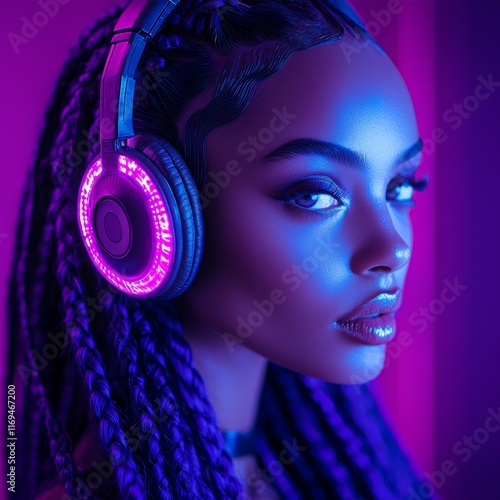 Stylish Woman Enjoying Music with Neon-Lit Headphones in a Futuristic Setting photo