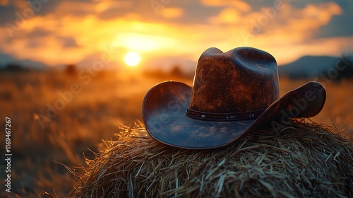 Peaceful Sunset Over Countryside with Cowboy Hat photo