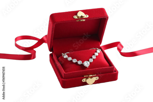 Valentine Day: A sparkling diamond necklace displayed in a red velvet box with a heart-shaped clasp, isolated on a white background.