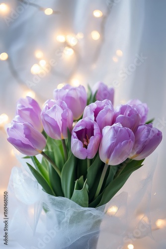 Beautiful bouquet of purple tulips with soft lights creating a cozy atmosphere