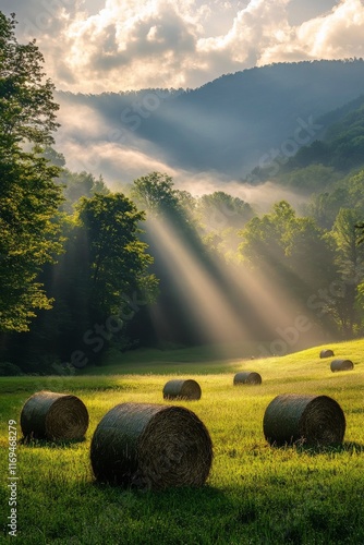 Serene early morning light illuminating a peaceful field with hay bales in a ...