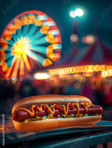 hot dog with sausage and mustard, ketchup against the background of an evening amusement park and a viewing wheel,  photo