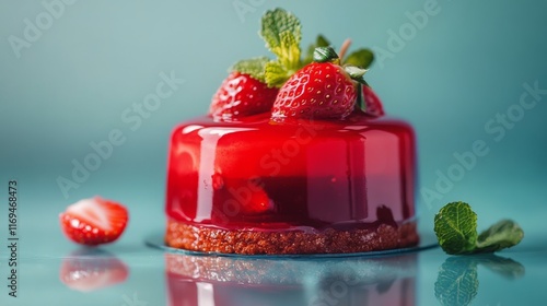 Delicious red jelly dessert topped with fresh strawberries and mint leaves on...