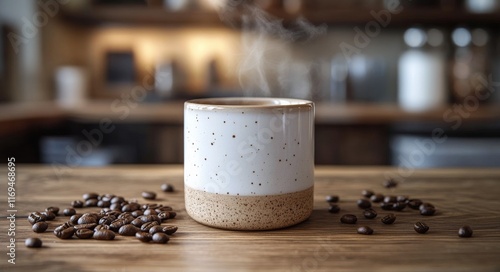 Warm coffee cup surrounded by coffee beans on rustic wooden table in cozy kit...