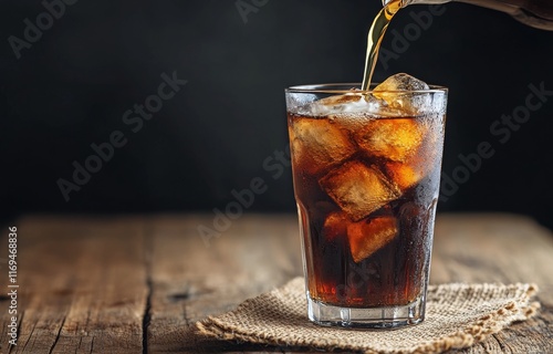 Refreshing iced beverage served in a glass with ice cubes and coffee beans on...