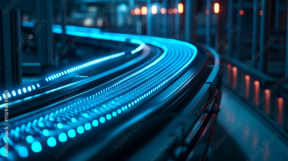 Naklejka premium Automated conveyor belt system with blue LED lights in industrial setting.