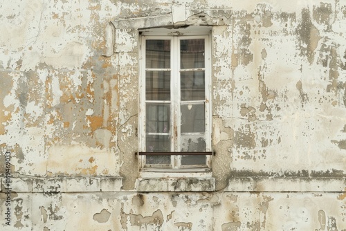  White wall of old abandoned residential building. Detailed photo textured background