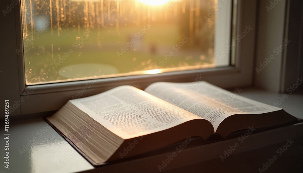 Open book on windowsill at sunset, knowledge and reflection Open book on windowsill at sunset, knowledge and reflection