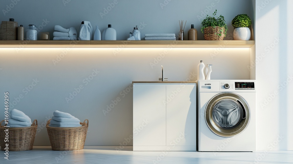 Modern Laundry Room Interior Design with Washer, Cabinets, and Baskets Modern Laundry Room Interior Design with Washer, Cabinets, and Baskets