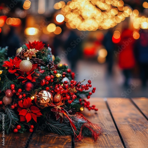 Festive holiday market showcasing vibrant poinsettias illuminated by twinklin...