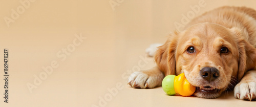 Puppy with chew toys resting on beige background