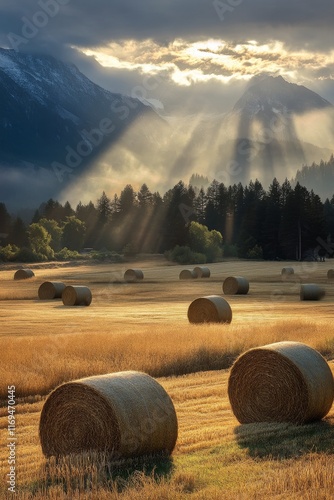 Golden hay bales illuminated by sunlight in a serene mountainous landscape at...