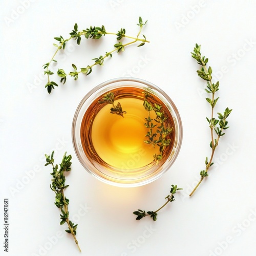 Fresh thyme infused oil in clear glass bowl with green herbs on white background