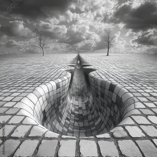 Surreal landscape with optical illusion in a tiled environment and dramatic sky photo