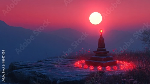 Magnificent Buddhist pagoda silhouetted against a dramatic red sunset sky over a serene mountainous landscape in Southeast Asia