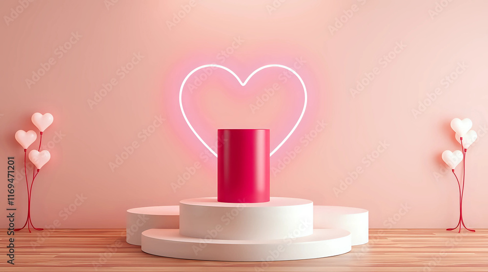 Set of 3D podium valentine day background with pink, red, white cylinder pedestal. Glow neon heart shape backdrop. Vector geometric platform. Mockup product display. Minimal wall scene. Stage showcase Set of 3D podium valentine day background with pink, red, white cylinder pedestal. Glow neon heart shape backdrop. Vector geometric platform. Mockup product display. Minimal wall scene. Stage showcase
