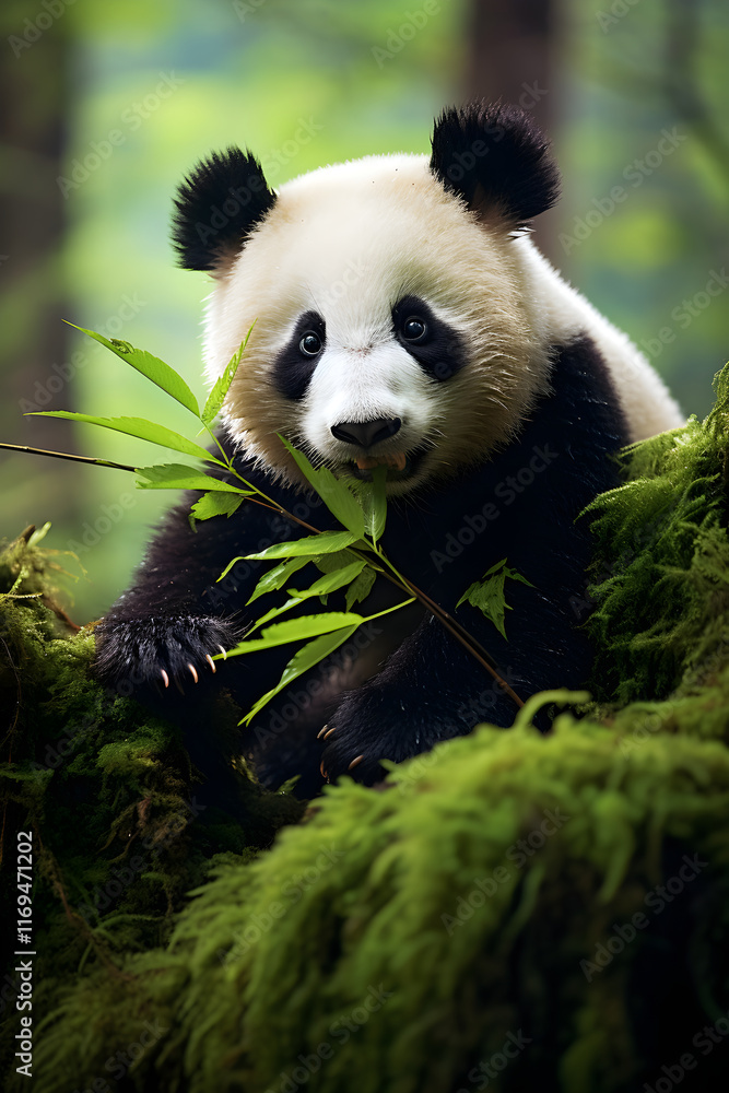 Adorable Giant Panda Enjoying a Bamboo Feast in its Natural Habitat: A tranquil moment in the Heart of the Bamboo Forest Adorable Giant Panda Enjoying a Bamboo Feast in its Natural Habitat: A tranquil moment in the Heart of the Bamboo Forest