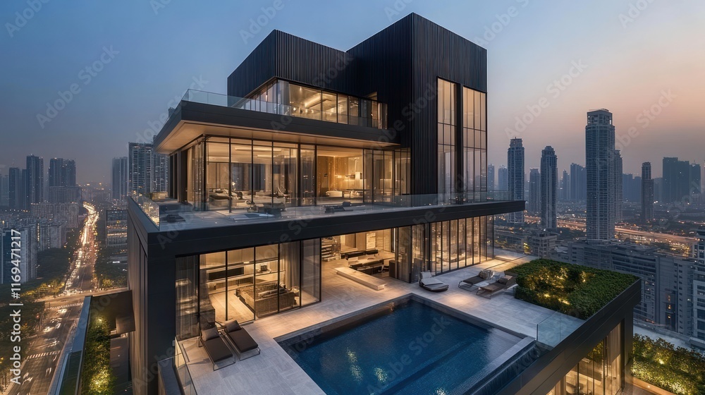 Obraz premium Opulent Penthouse: Cityscape Views & Modern Luxury