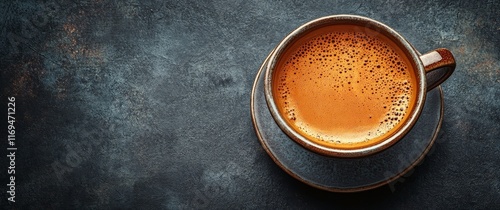 Rich brown coffee in a ceramic cup on a dark surface with a textured background