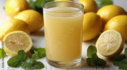 Refreshing lemon juice served in a clear glass with fresh lemons and purple f...