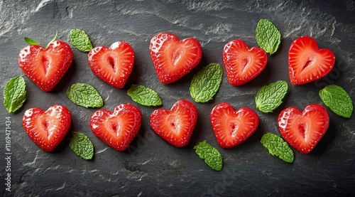 Heart-shaped strawberry slices arranged with mint leaves on a dark background...