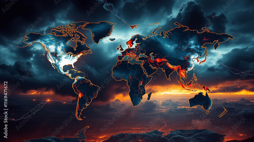 Fototapeta premium A futuristic sci-fi style World Map grunge art piece depicting intense dramatic weather, stormy skies, and high tension