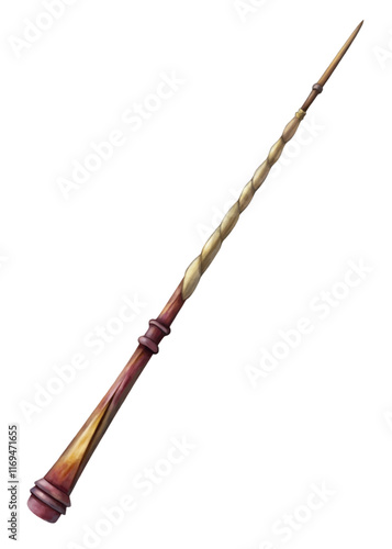 Magical wand, fantasy design, wooden texture, spiral details, artistic illustration, enchanting prop, wizard accessory.