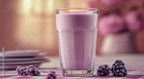 Delicious pink drink served in a glass on a checkered tablecloth at a cozy ca...
