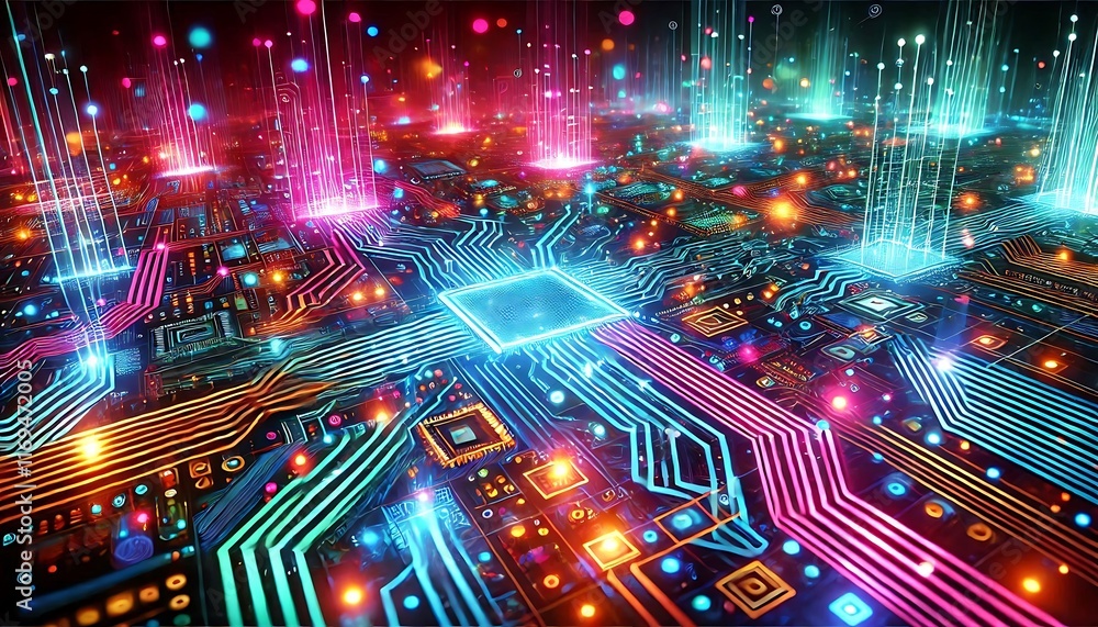 Obraz premium Glowing digital circuits in bright neon colors on a dark futuristic backdrop designed with generative AI for banners