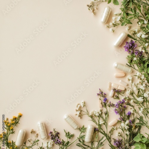 Natural supplements arranged with herbs on a light background showcasing heal...