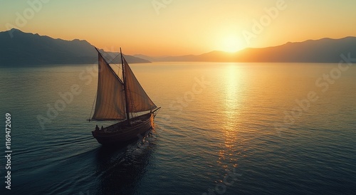 Sailboat cruising peacefully at sunset on calm waters with mountains in the b...