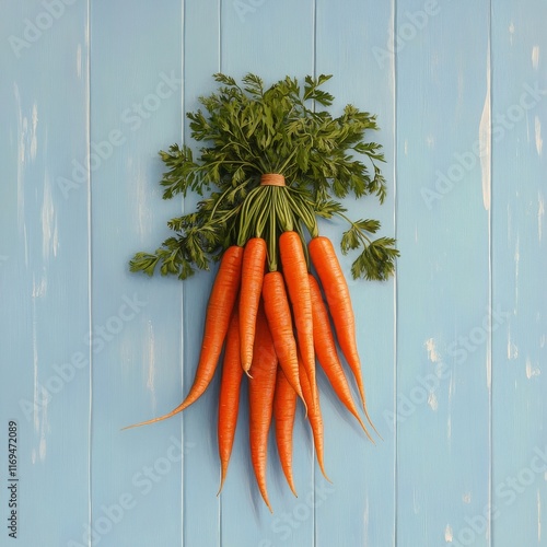 Freshly harvested carrots with green tops on a light blue background in natur...