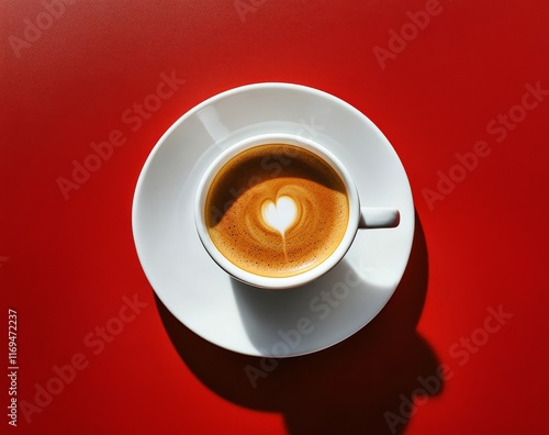 Coffee cup on white saucer against red background with rich golden beverage