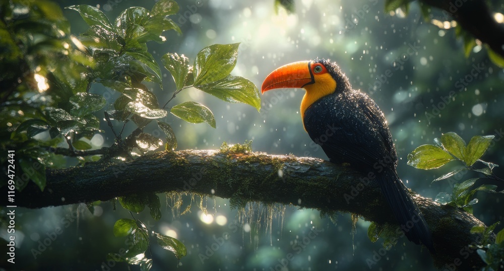 Obraz premium Vibrant toucan perched on a branch surrounded by lush rainforest foliage and droplets of rain