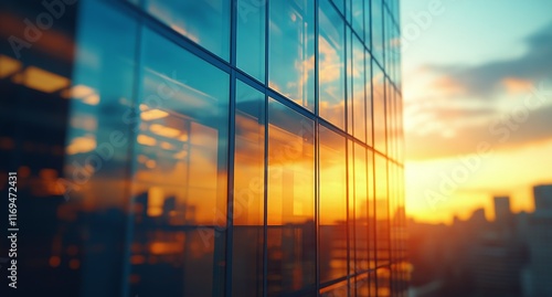 Reflections of a vibrant sunset on modern glass buildings in the cityscape