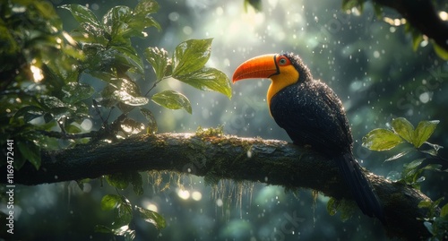 Vibrant toucan perched on a branch surrounded by lush rainforest foliage and ...